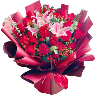 南阳22朵红玫瑰百合，爱的火焰